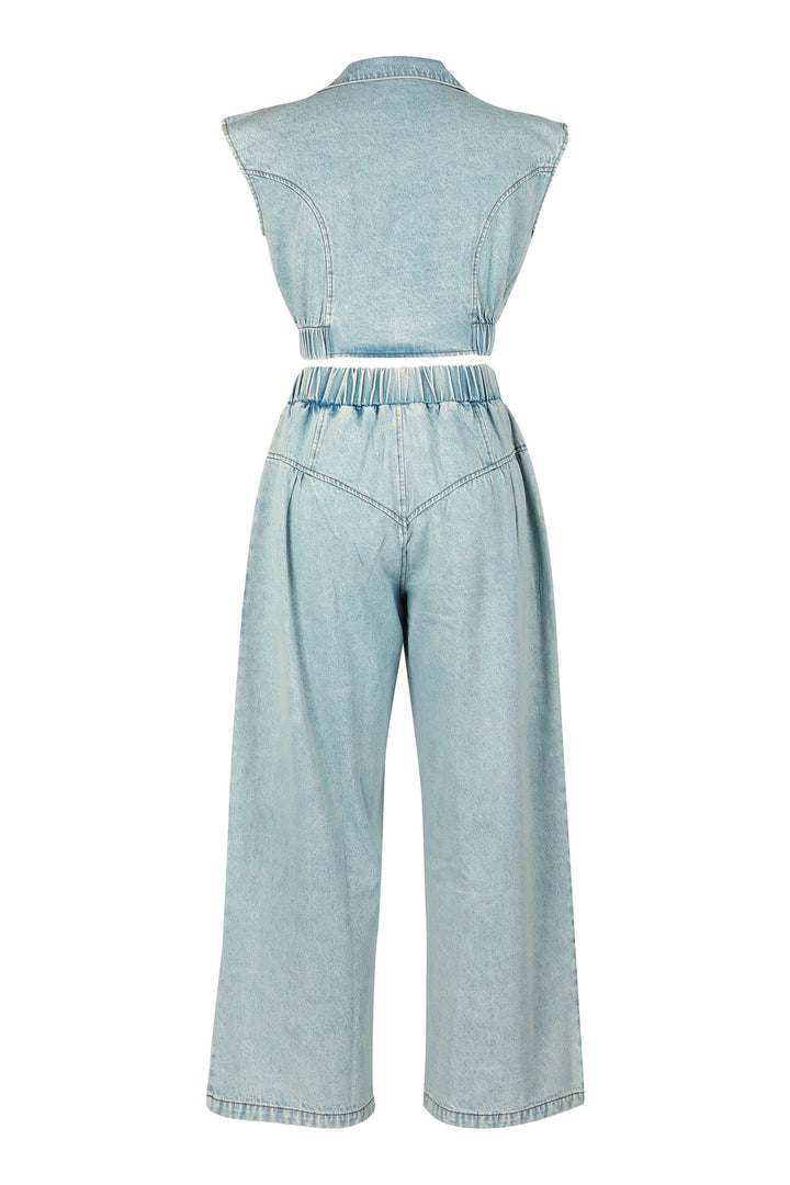Fashion Denim Cropped Top & Washed Jeans Set*