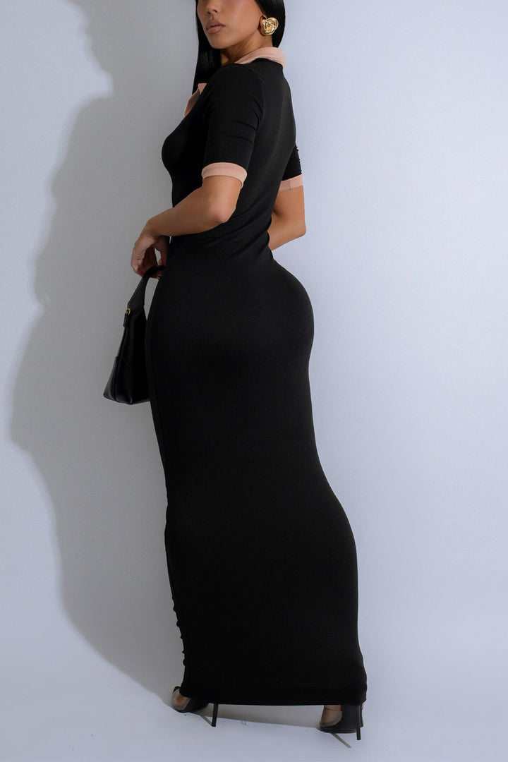 Casual Polo Neck Hip Hugging Colorblock Dress*