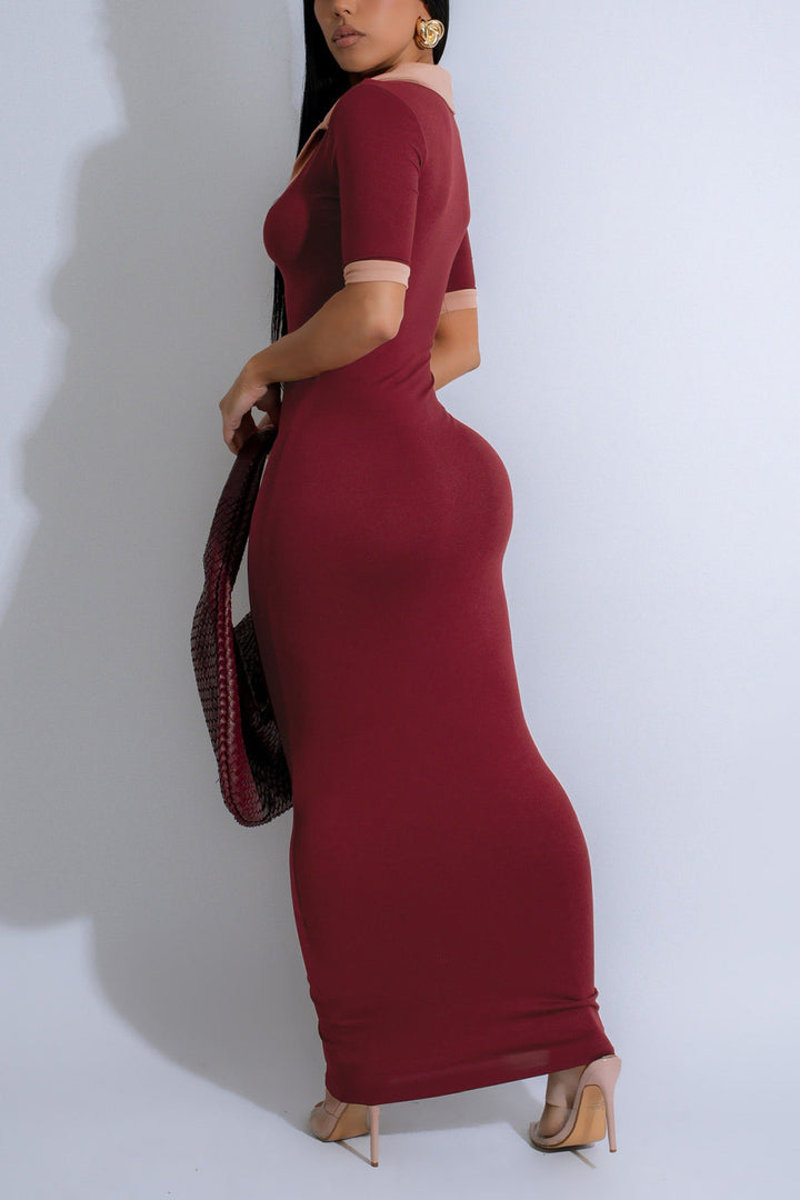 Casual Polo Neck Hip Hugging Colorblock Dress*