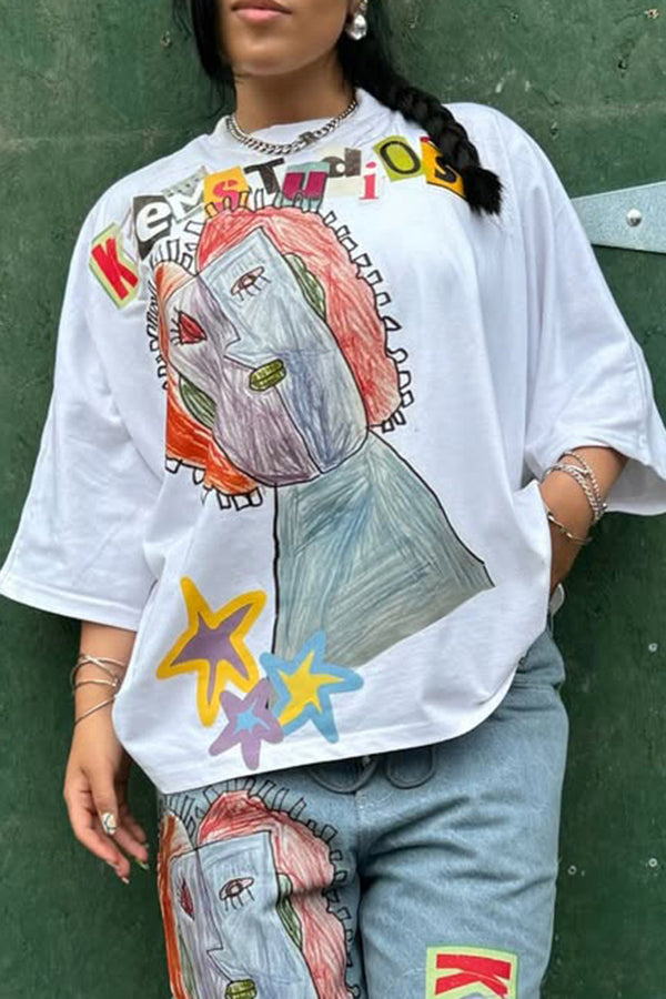 Fashion Abstract Lion Letter Print T-shirt*