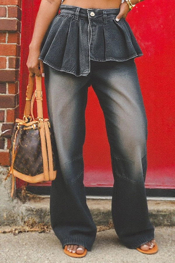 Fashionable Irregular Pleated Waist Design Jeans*