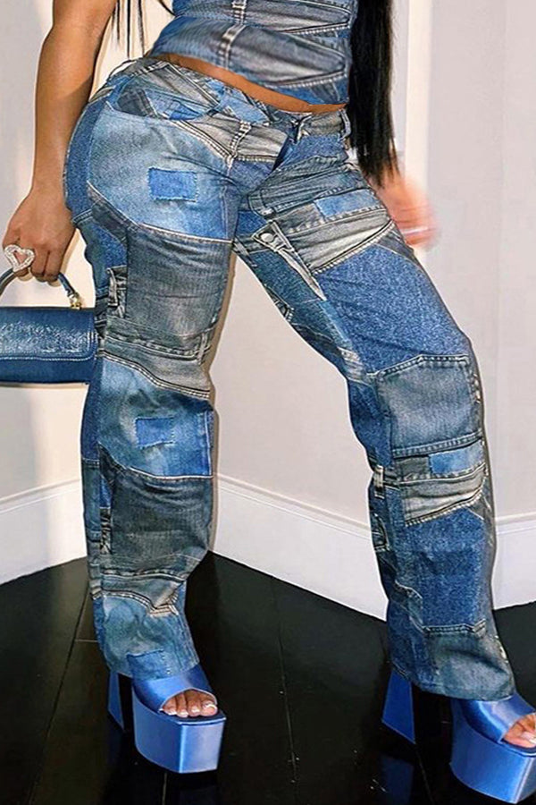 Fashion Faux Denim Printed Straight Pants*
