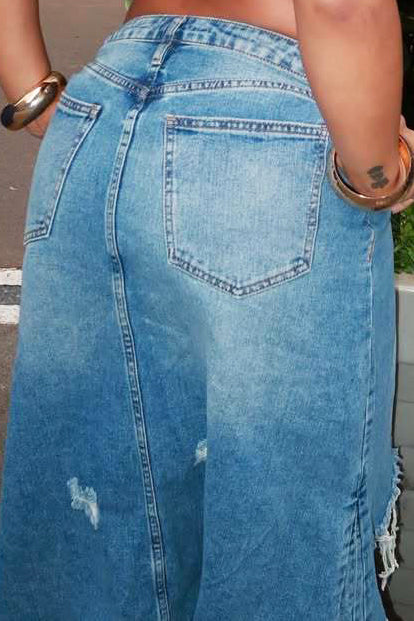 Street Style Raw Edge Ripped Irregular Denim Skirt*