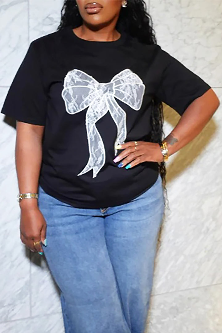 Fashion Lace Bow Print Short Sleeve T-shirt*