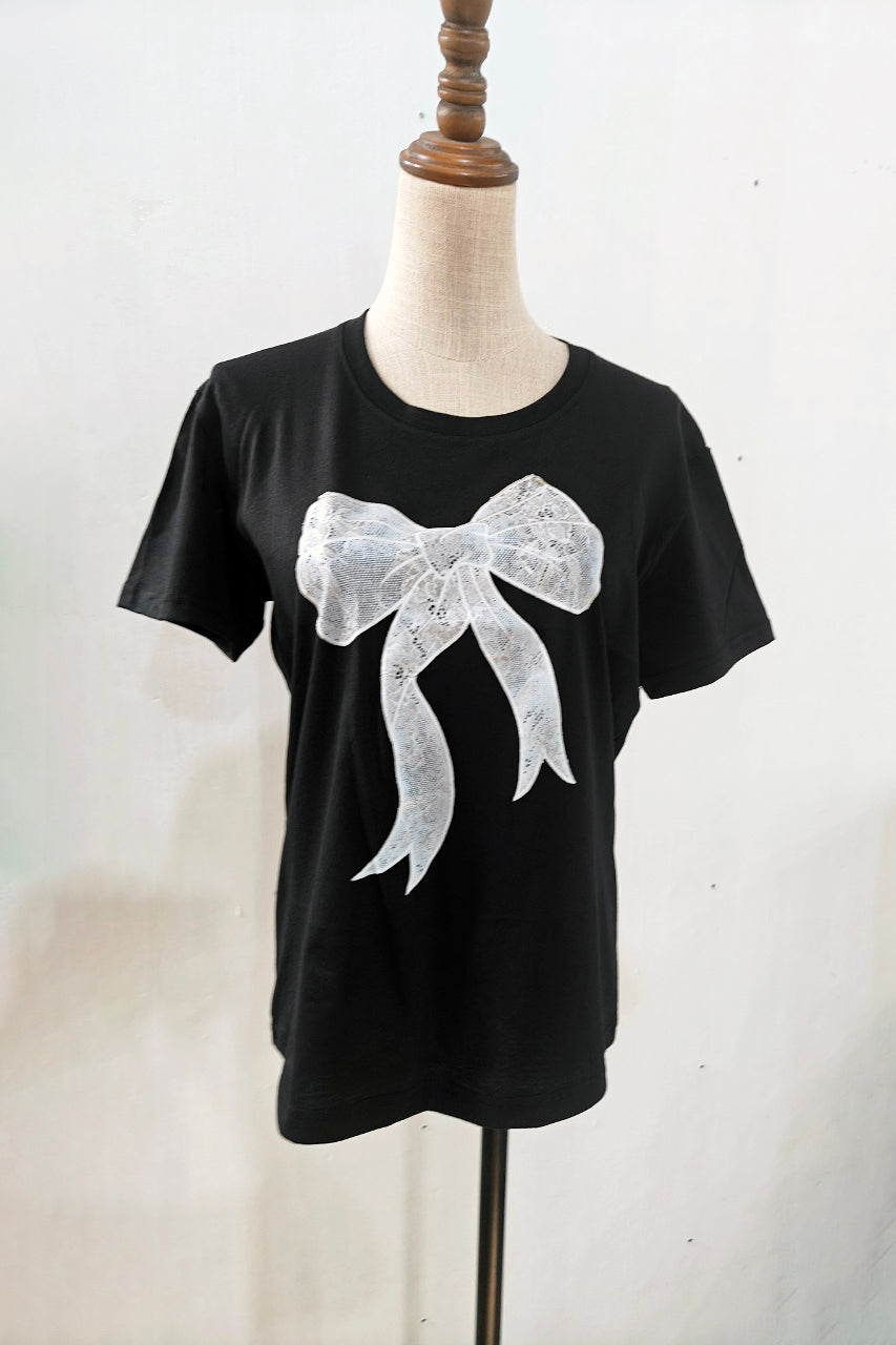 Fashion Lace Bow Print Short Sleeve T-shirt*