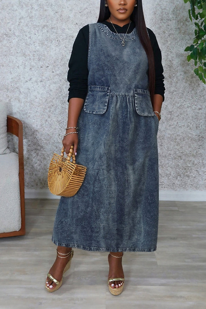 Casual Loose Distressed Side Pocket Denim Dress*