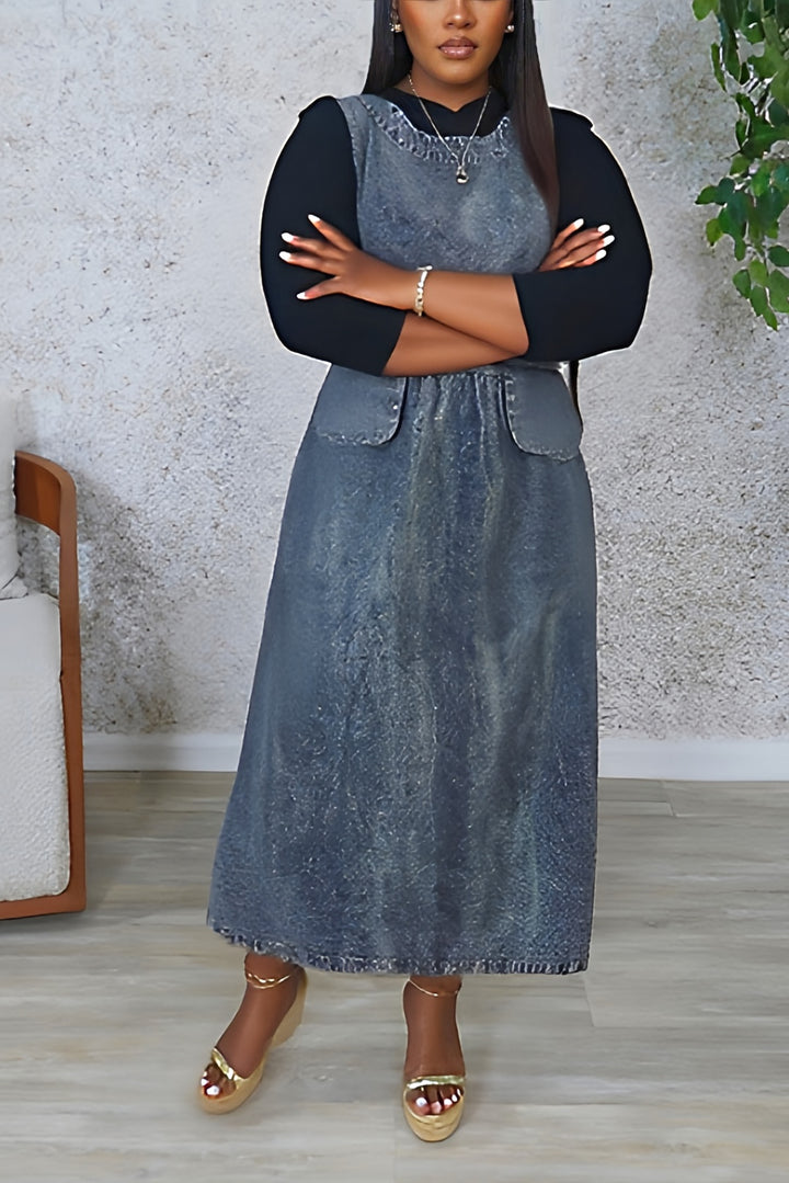 Casual Loose Distressed Side Pocket Denim Dress*
