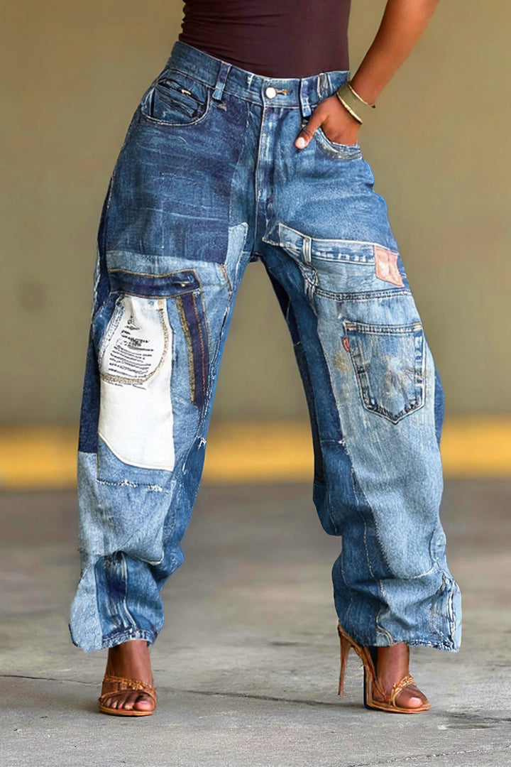 Street Fashion Patchwork Printed Jeans*