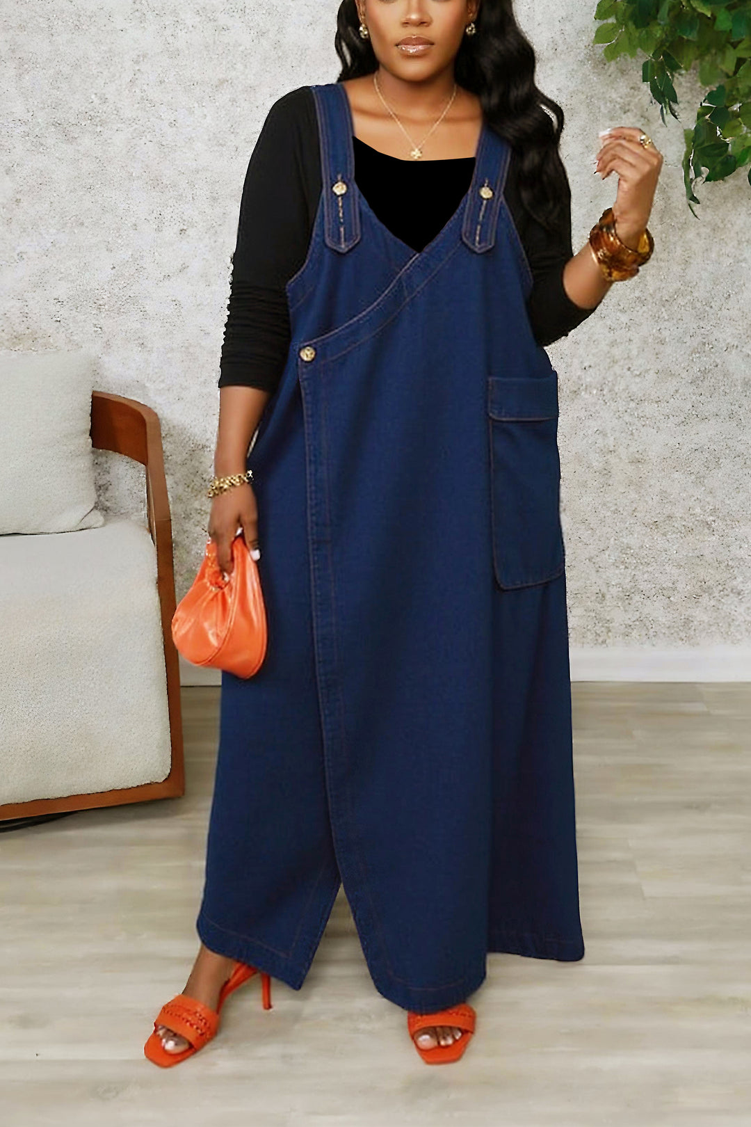 Casual Loose Large Pocket Denim Overall Dress*