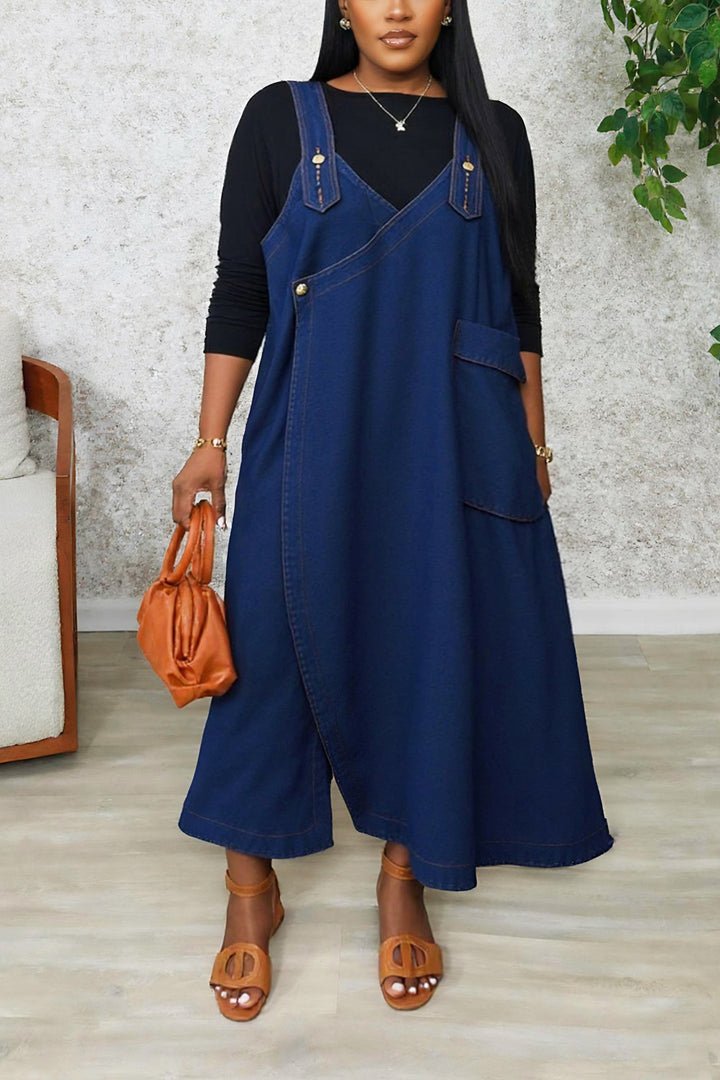 Casual Loose Large Pocket Denim Overall Dress*