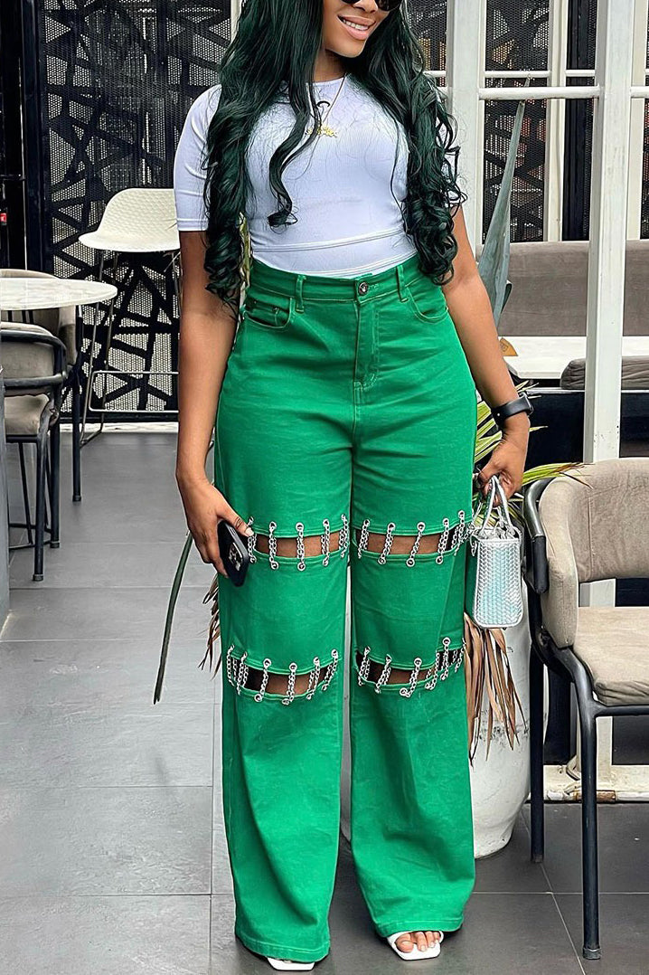 Street Stitching Chain Hollow Jeans*