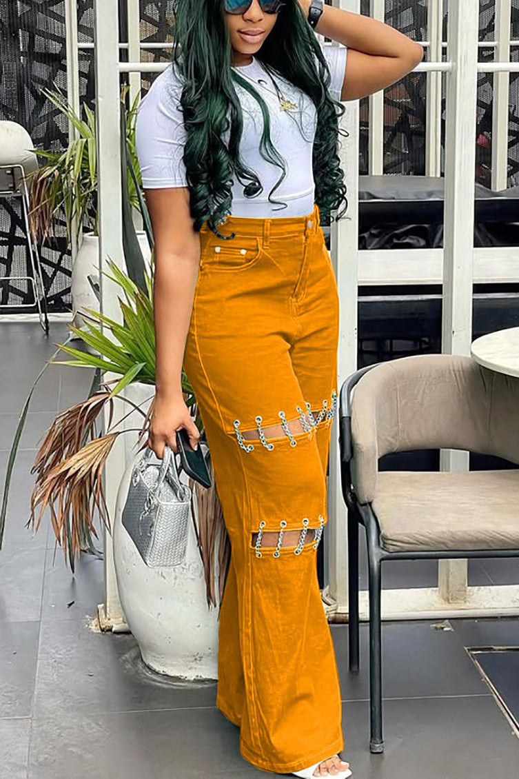 Street Stitching Chain Hollow Jeans*