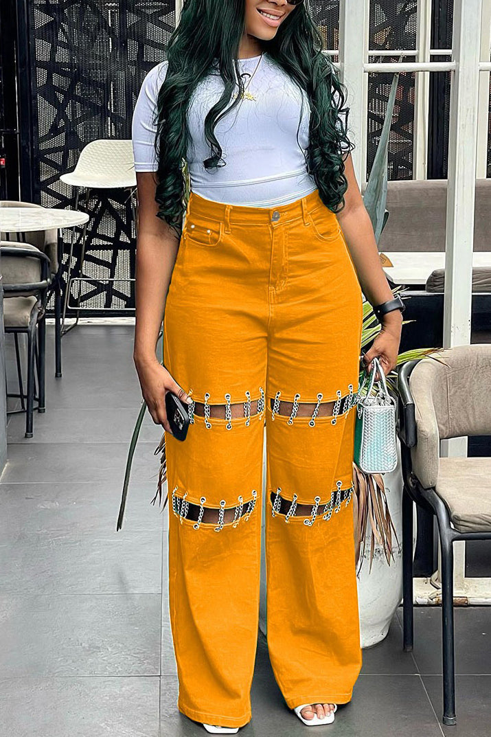 Street Stitching Chain Hollow Jeans*