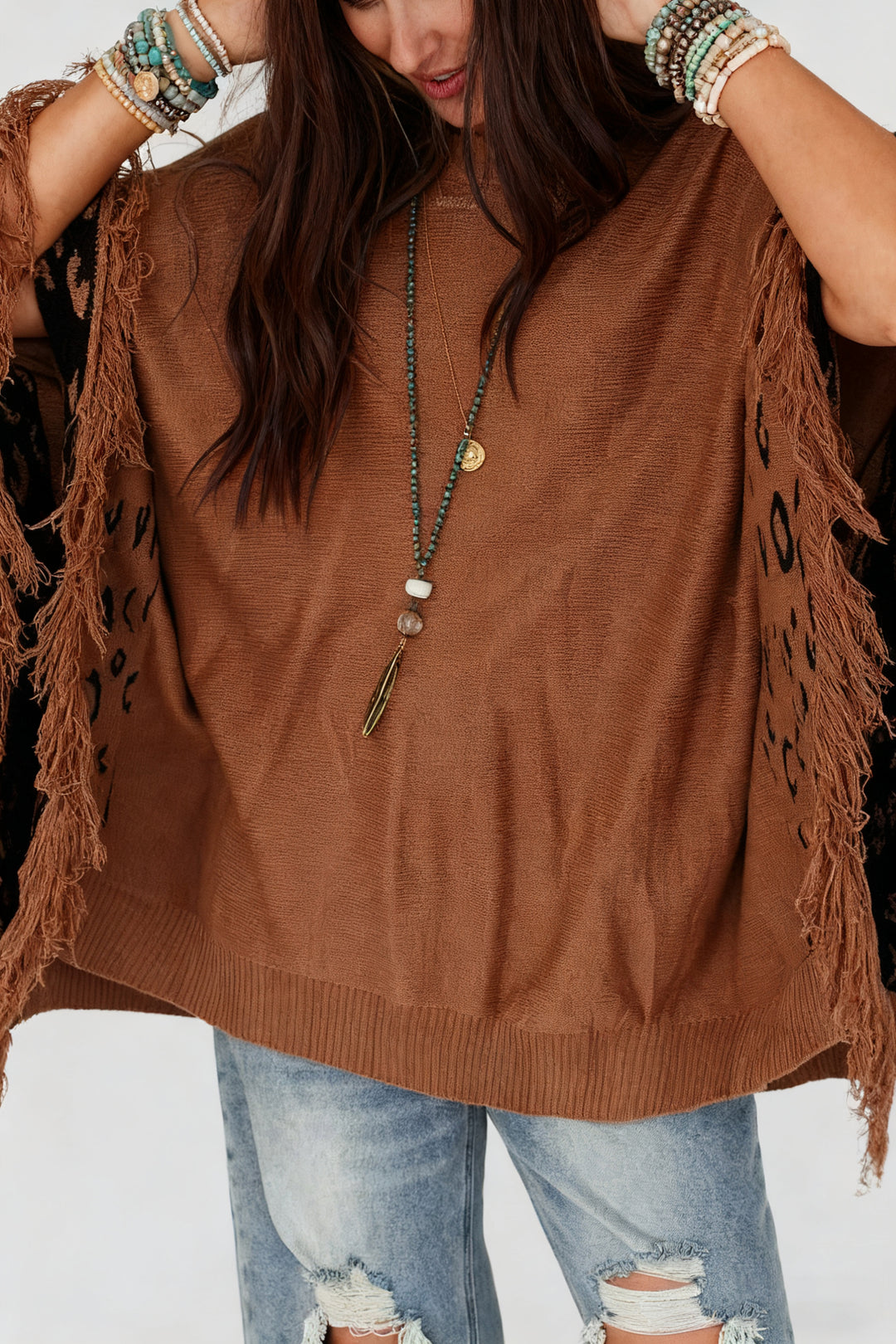 Fashionable Fringed Leopard Print Cape Sweater*
