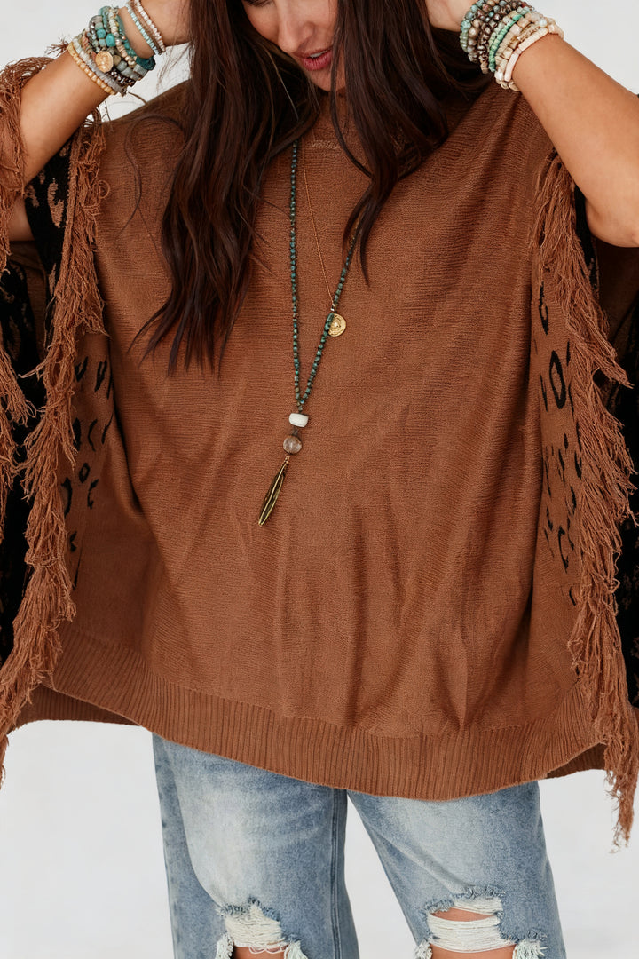 Fashionable Fringed Leopard Print Cape Sweater*