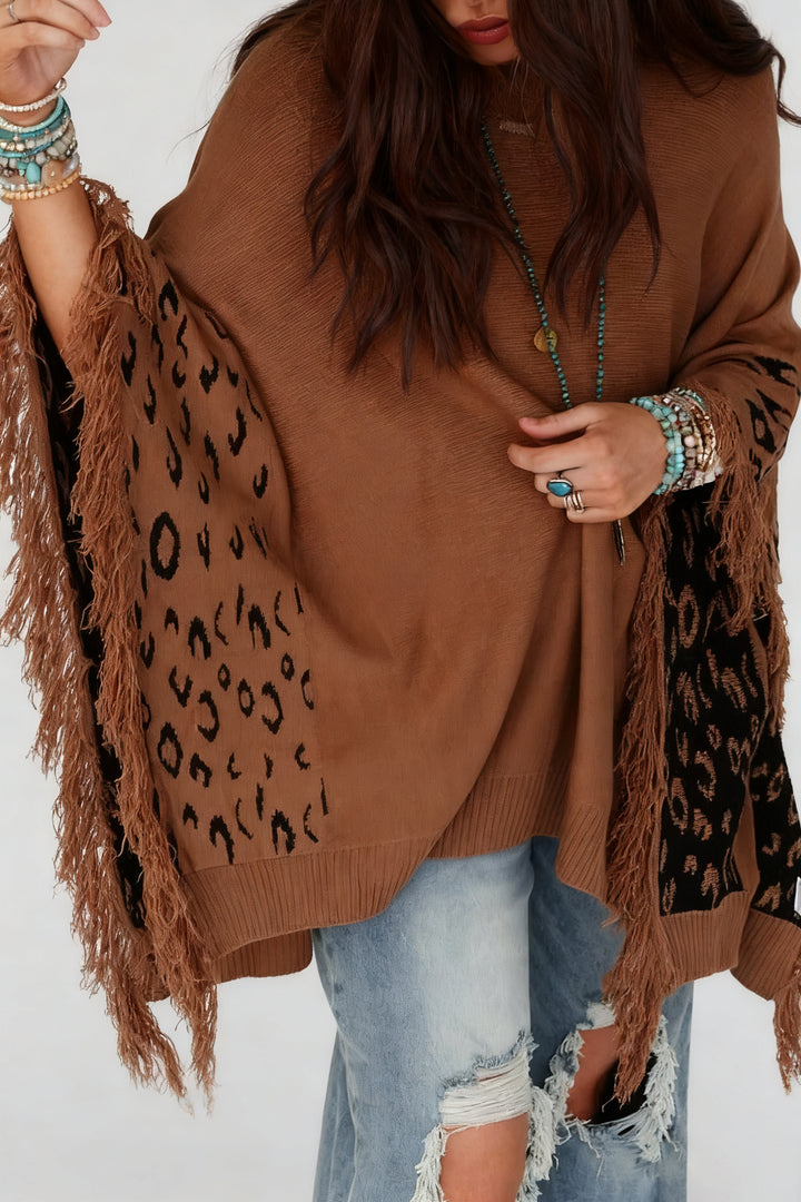 Fashionable Fringed Leopard Print Cape Sweater*