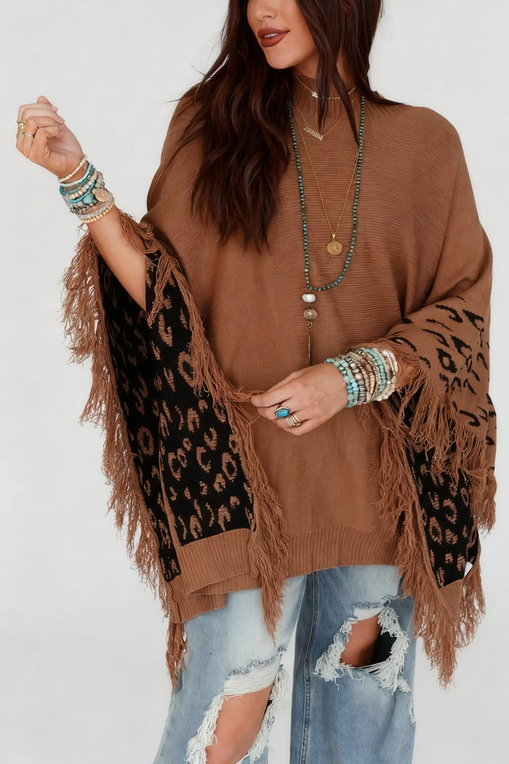 Fashionable Fringed Leopard Print Cape Sweater*