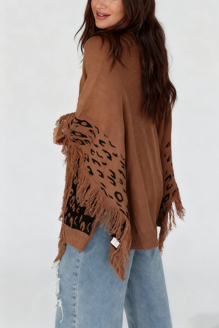 Fashionable Fringed Leopard Print Cape Sweater*
