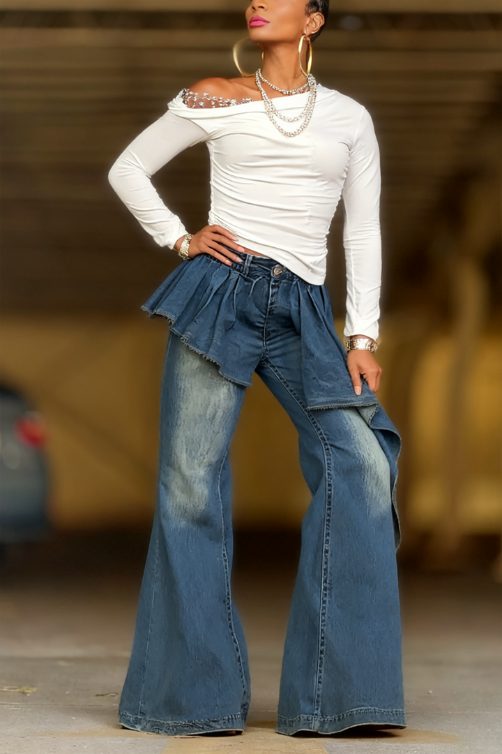 Fashion Irregular Ruffle Layered Washed Jeans*