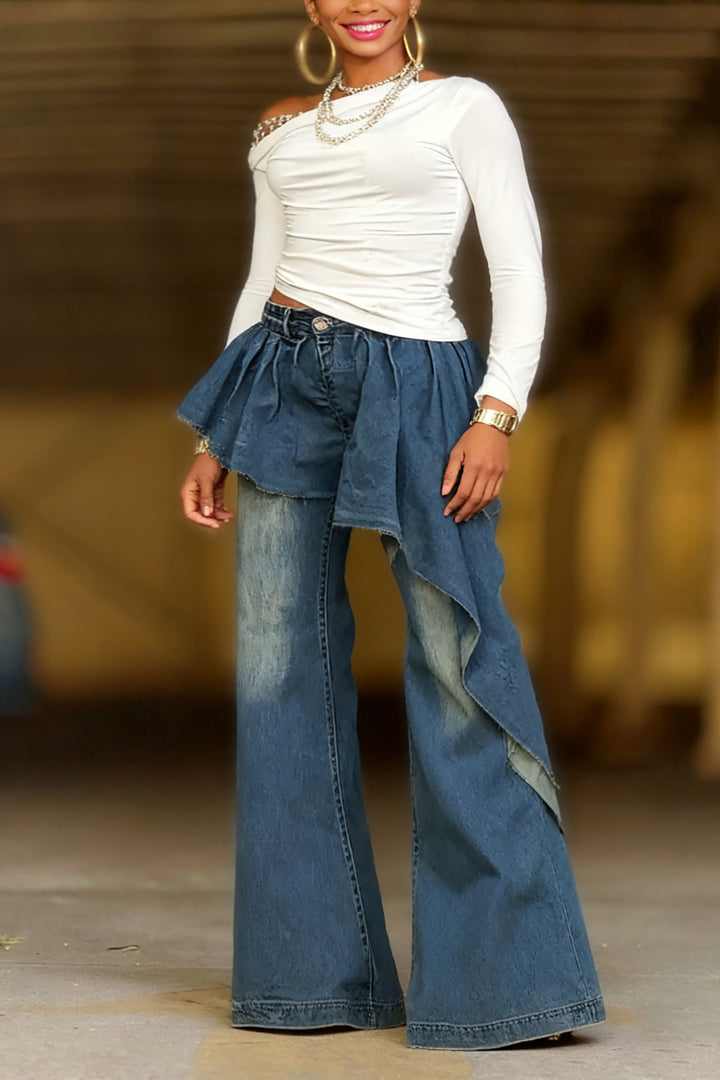 Fashion Irregular Ruffle Layered Washed Jeans*