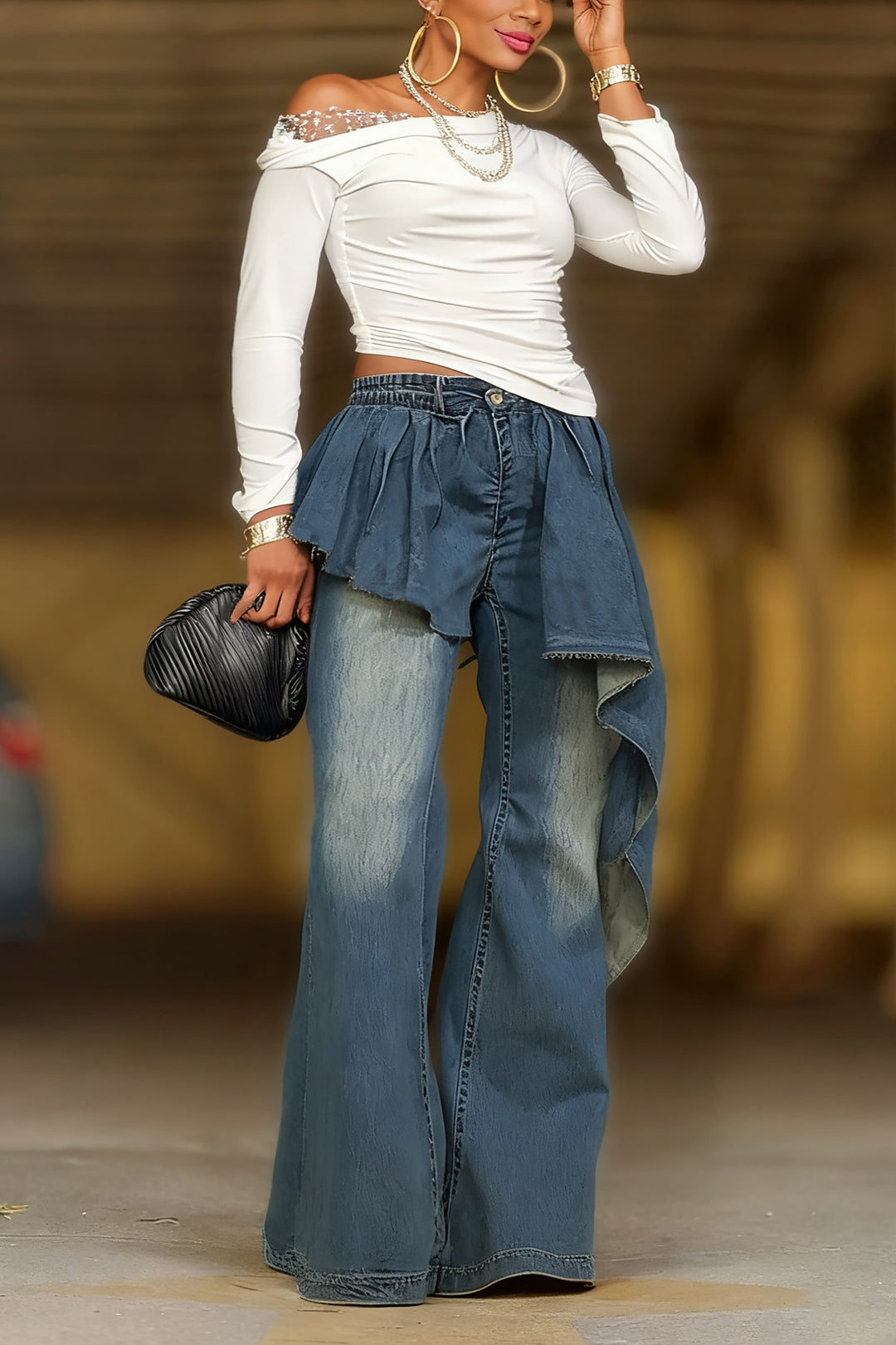 Fashion Irregular Ruffle Layered Washed Jeans*
