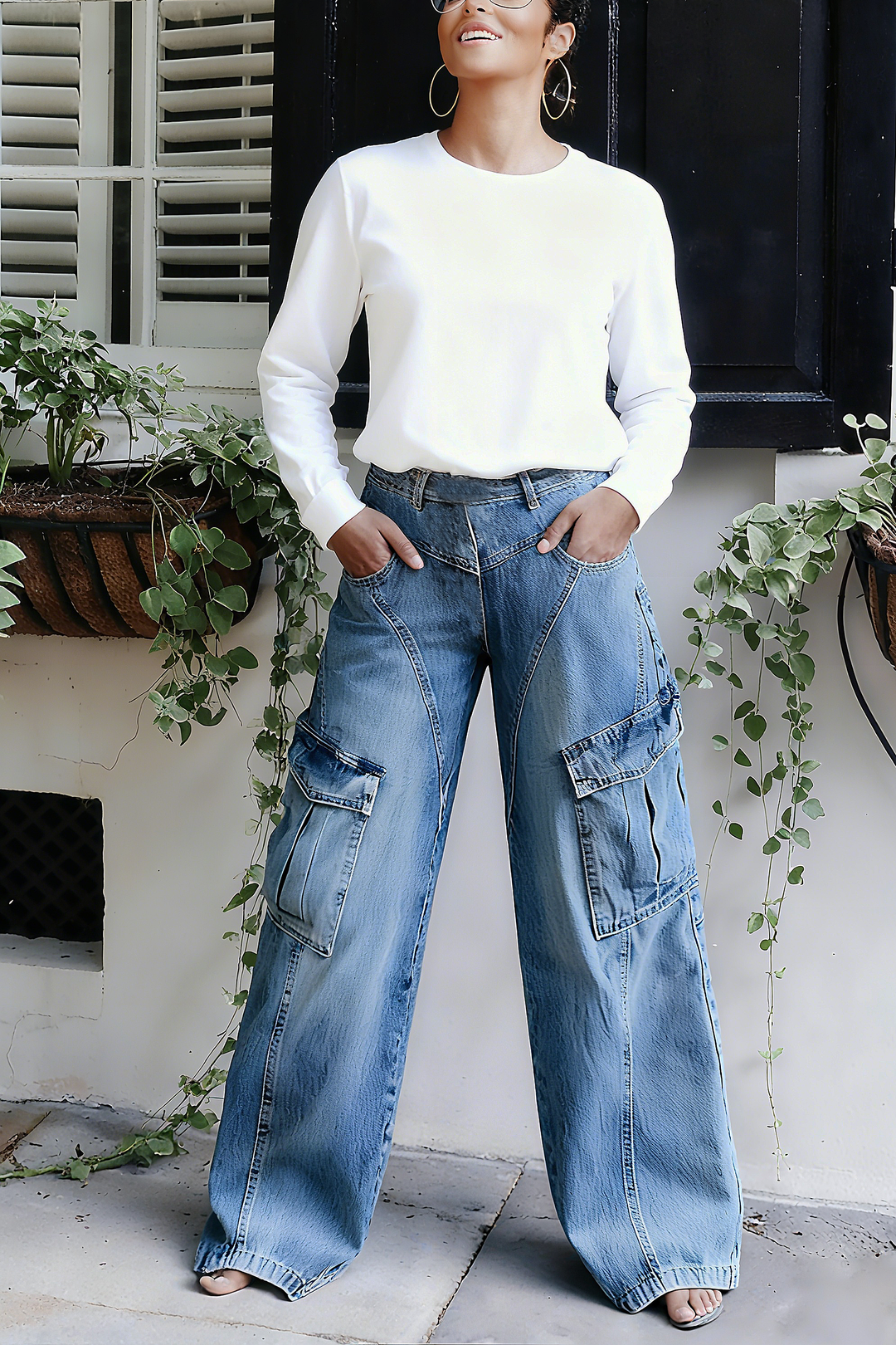 Casual Multi Pocket High Waist Work Jeans*