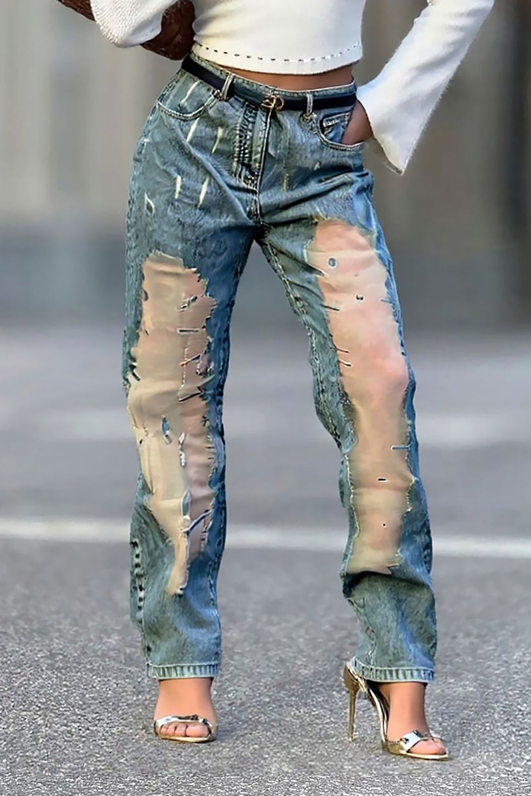 Fashionable And Unique Washed Hollow Mesh Ripped Jeans*