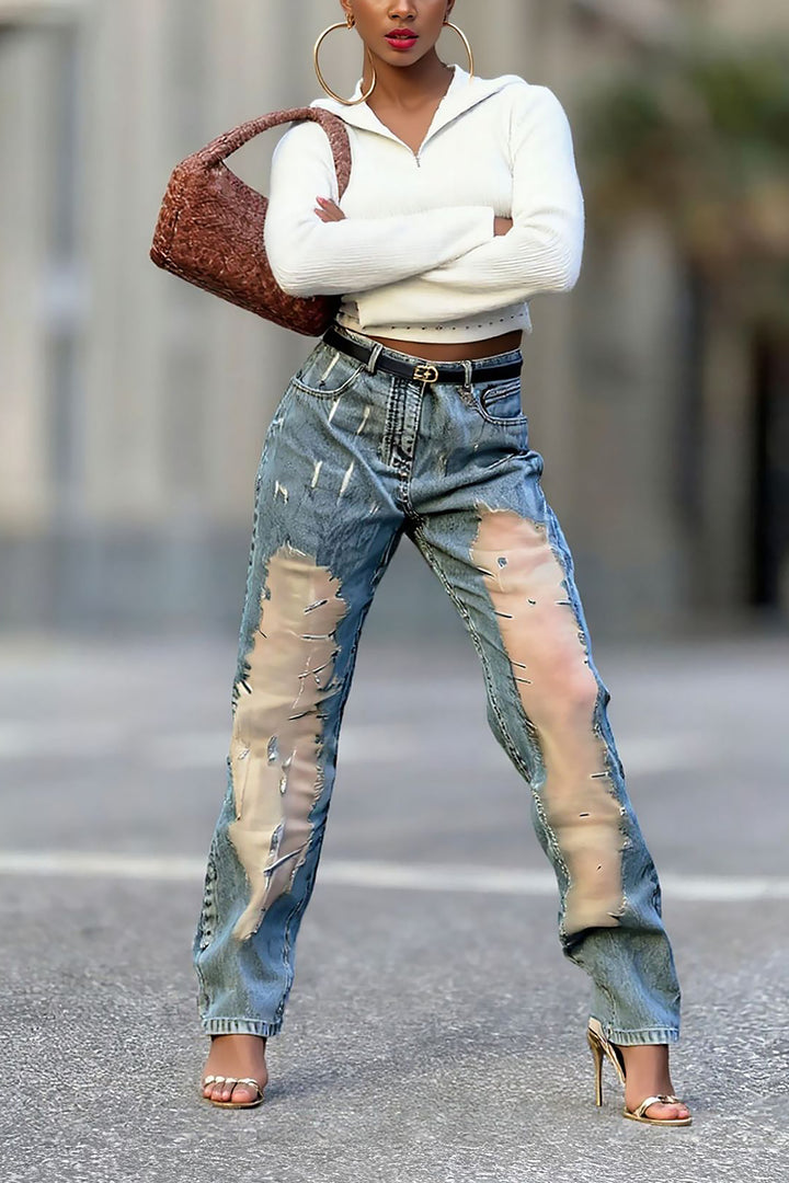 Fashionable And Unique Washed Hollow Mesh Ripped Jeans*