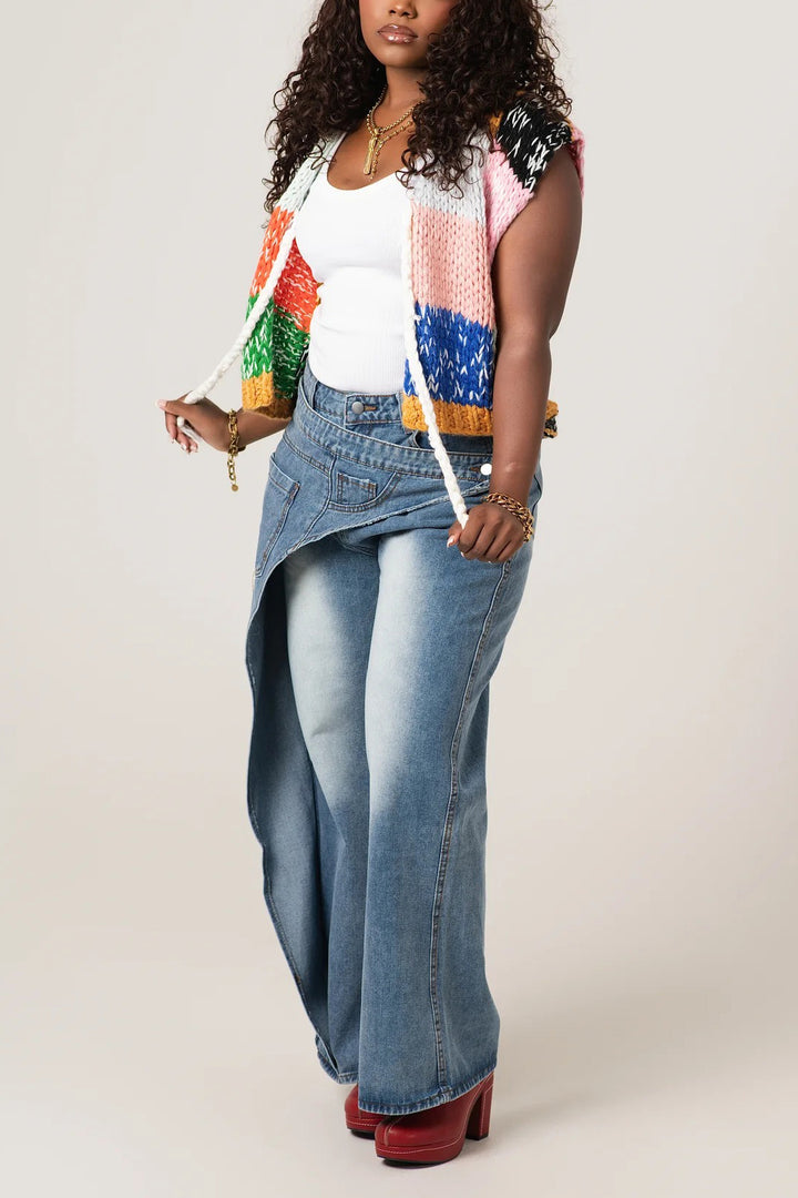 Fashionable Irregular Waist Design Deconstructed Jeans*