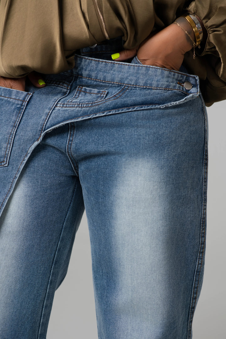 Fashionable Irregular Waist Design Deconstructed Jeans*