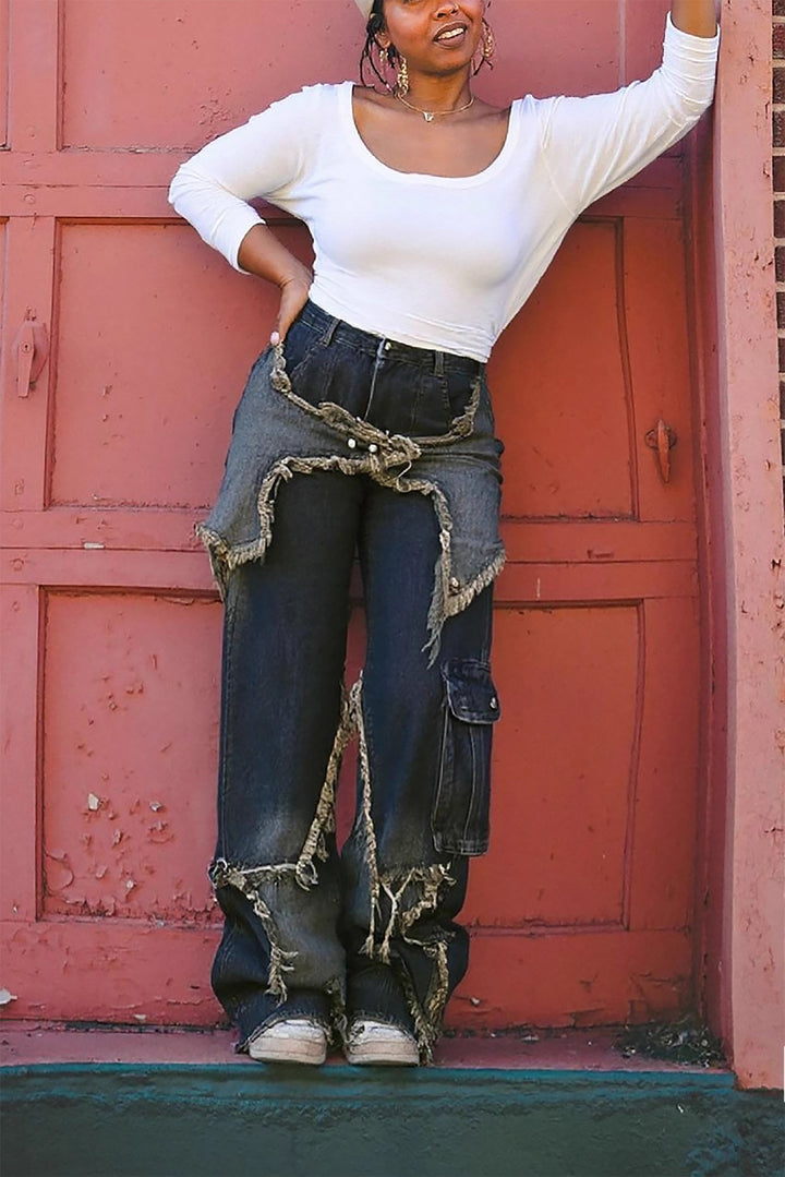 Street Five Pointed Star Raw Edge Straight Jeans*