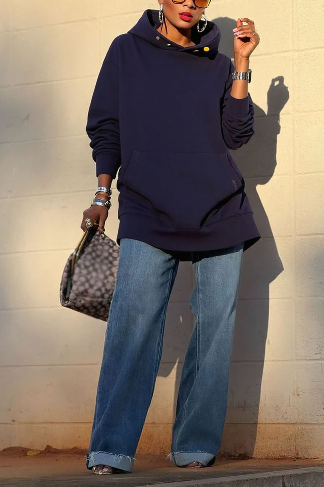 Casual Button Loose Solid Hoodies*