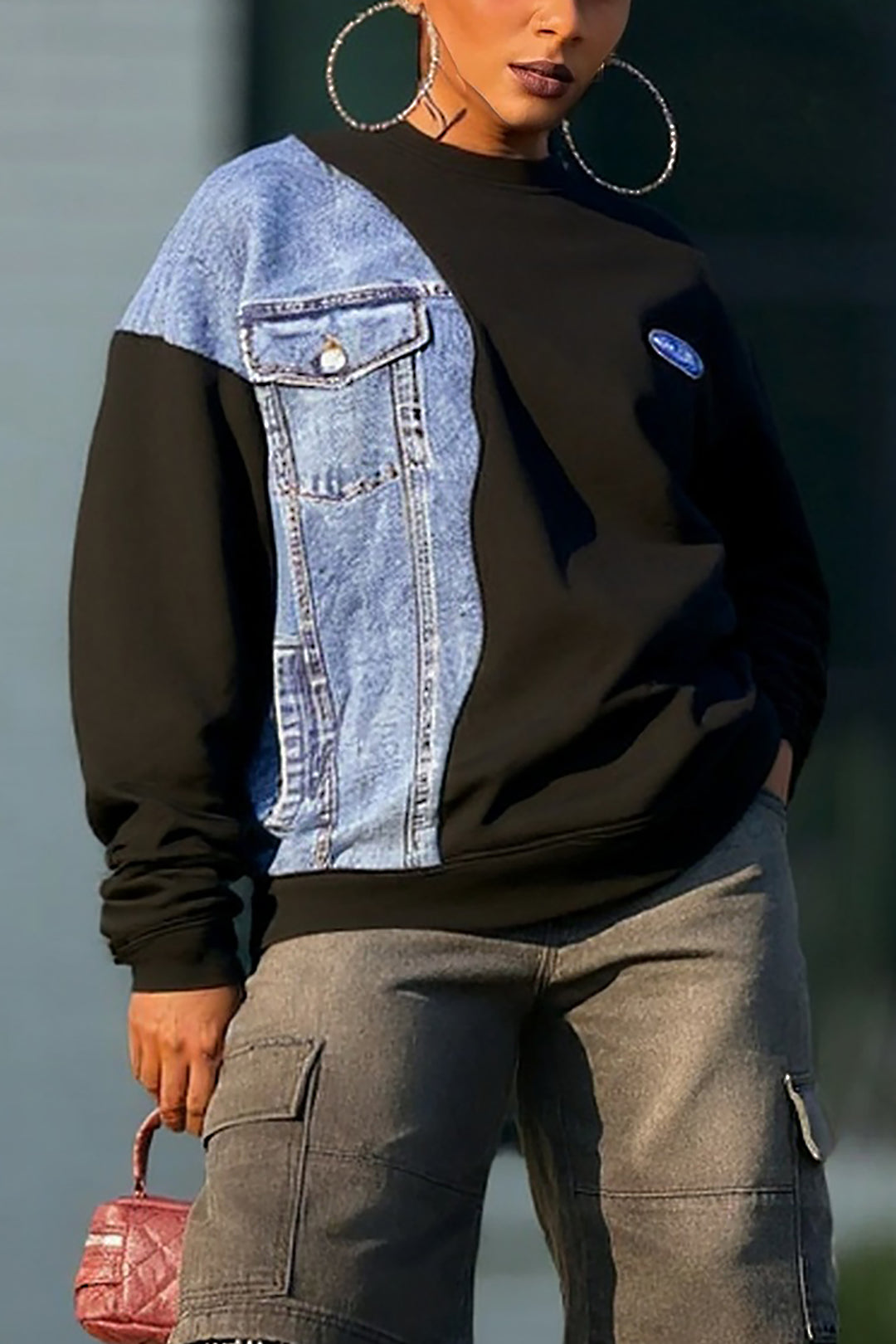 Street Loose Round Neck Spliced ??Denim Sweatshirt*