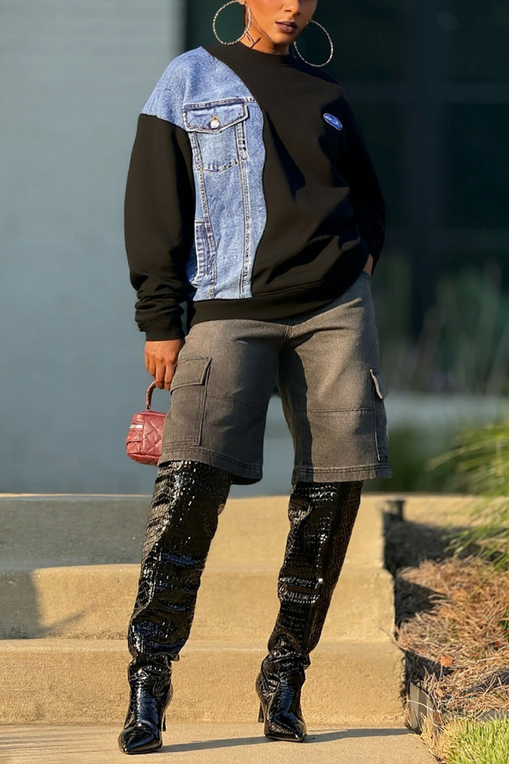 Street Loose Round Neck Spliced ??Denim Sweatshirt*