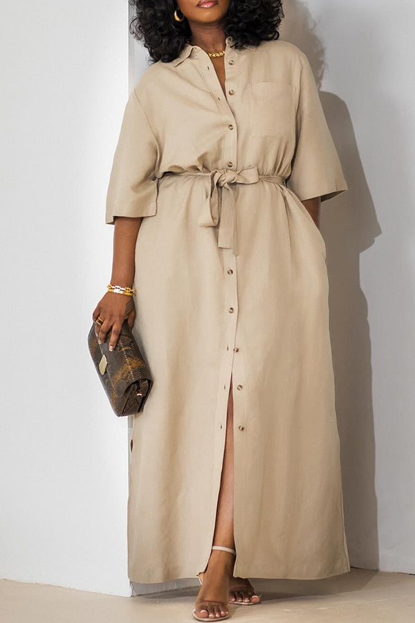 Casual Solid Self Belted Maxi Dress