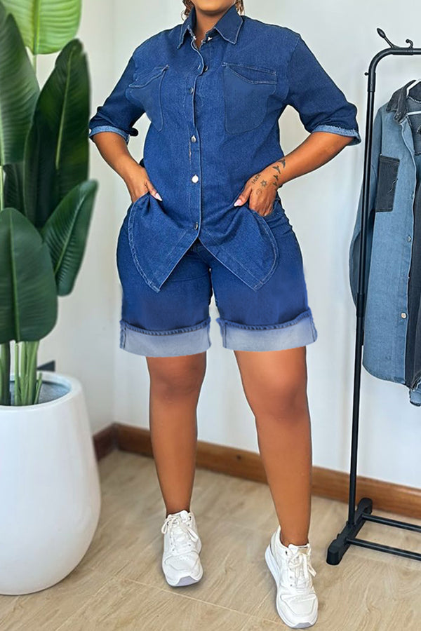 Casual Denim Pocket Jacket & Shorts Set