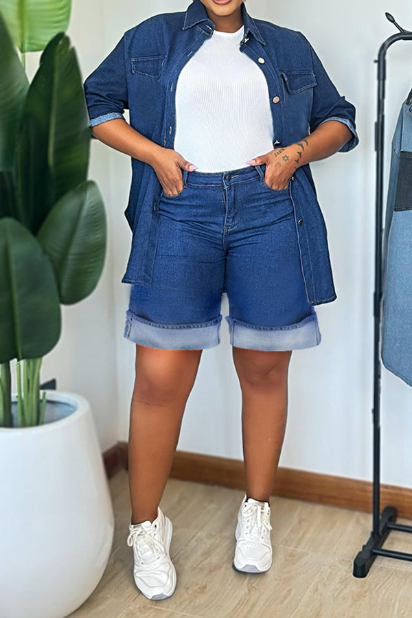 Casual Denim Pocket Jacket & Shorts Set