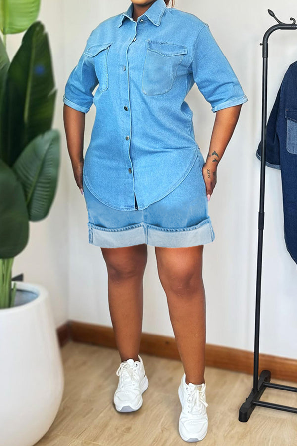 Casual Denim Pocket Jacket & Shorts Set