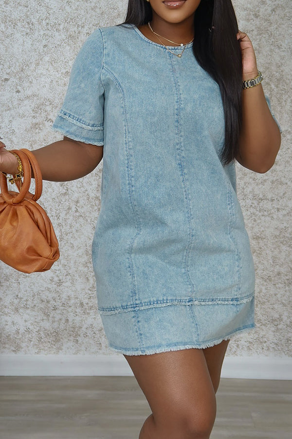Casual Round Neck Raw Trim Mini Dress