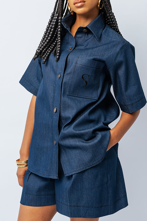 Casual Denim Top & Shorts Set