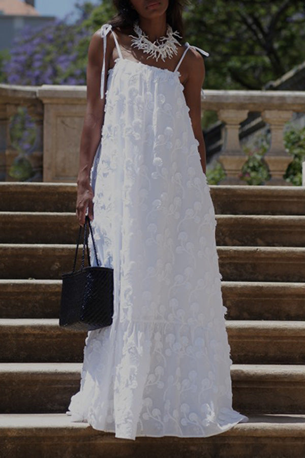 Vacation Tie Shoulder Textured Fabric Maxi Dress