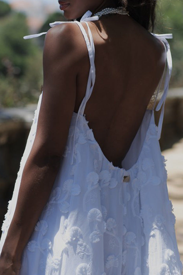 Vacation Tie Shoulder Textured Fabric Maxi Dress