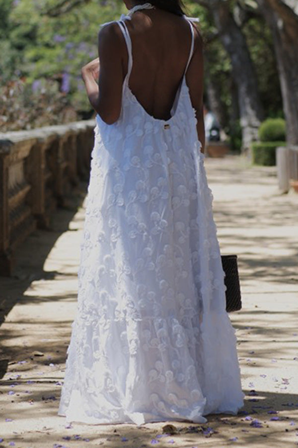 Vacation Tie Shoulder Textured Fabric Maxi Dress
