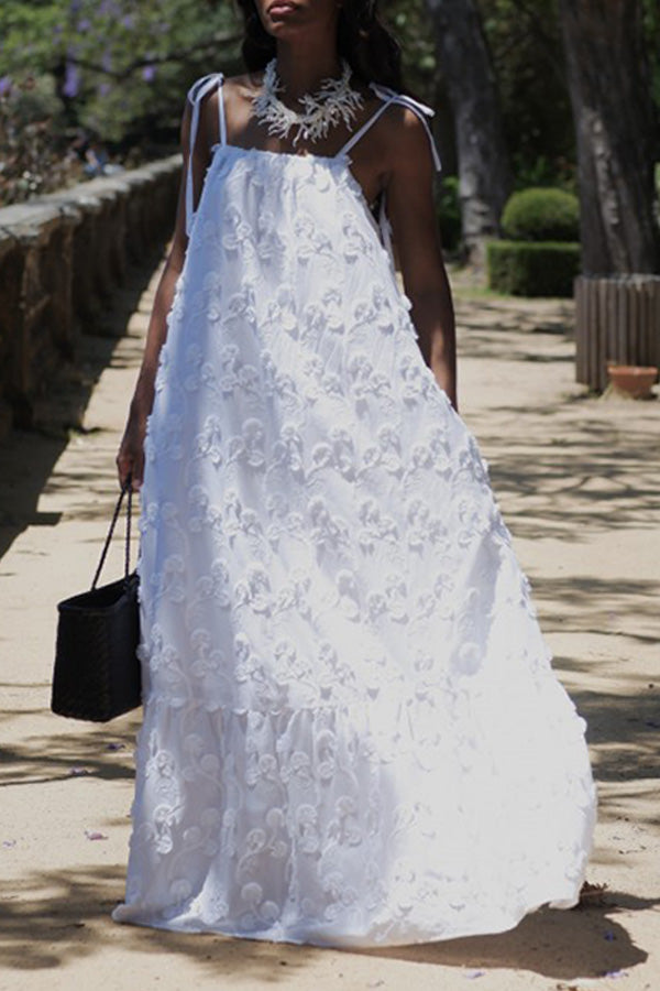 Vacation Tie Shoulder Textured Fabric Maxi Dress