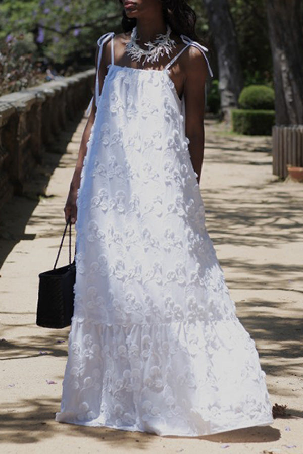 Vacation Tie Shoulder Textured Fabric Maxi Dress