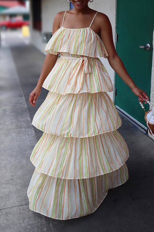 Vacation Colorful Striped Tiered Ruffle Hem Dress