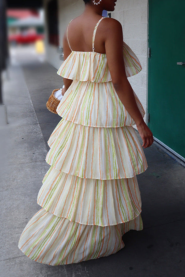 Vacation Colorful Striped Tiered Ruffle Hem Dress