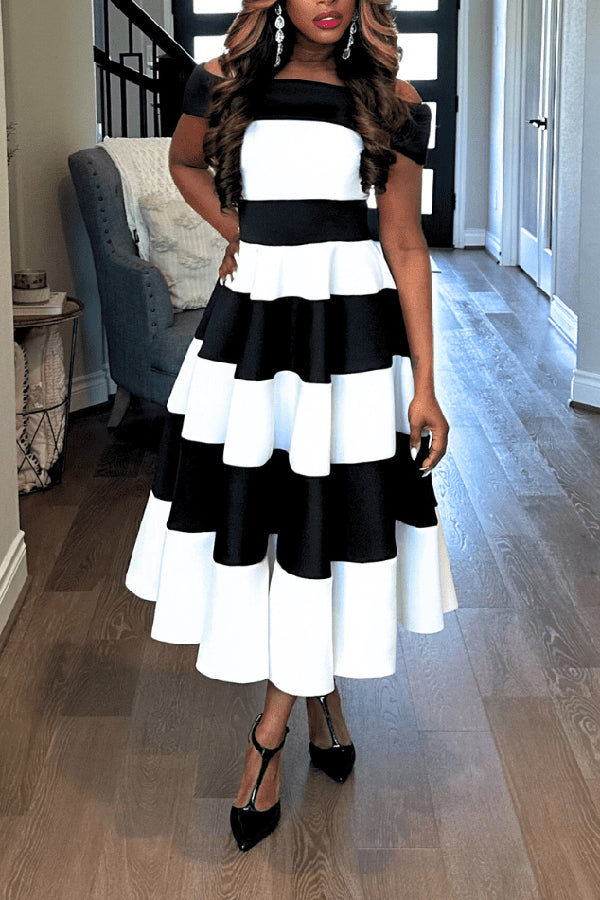 Elegant One-shoulder Striped A-line Dress