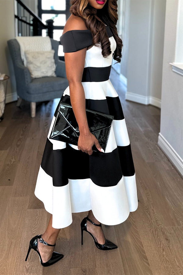 Elegant One-shoulder Striped A-line Dress