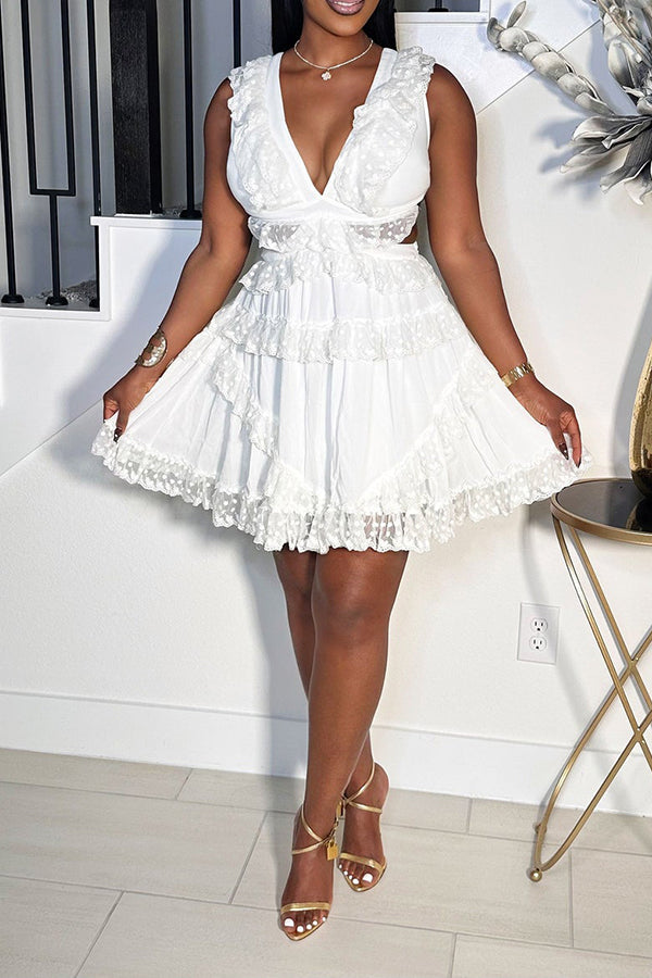 Elegant Lace Ruffle V-neck Dress